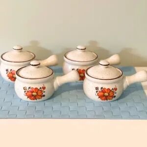 Set of 4 Vintage JapaneseValencia OrangePoppy’’Stoneware Covered onion SoupBowls